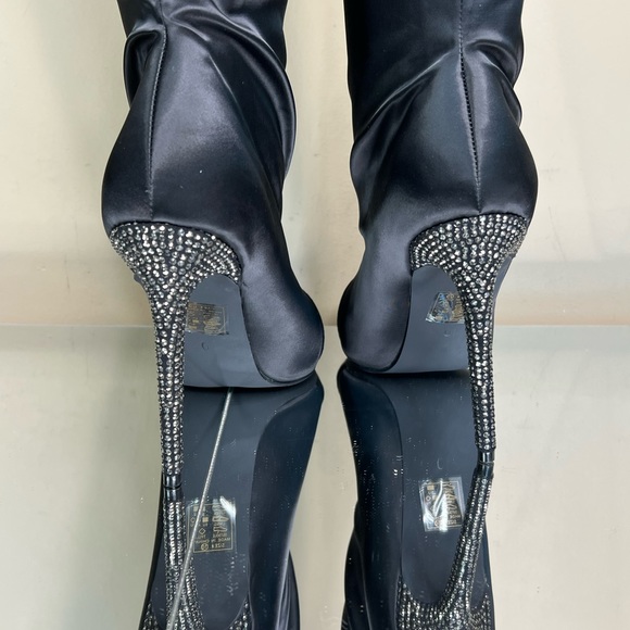 Black Satin Rhinestone Embellished Over the Knee Boots - Picture 8 of 12